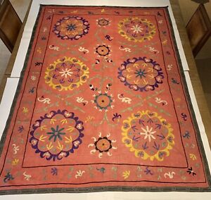 Vintage Pink Uzbek Suzani Embroidery Wall Hanging Antique Textile