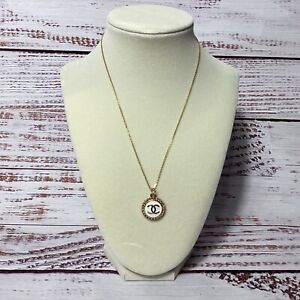 Chanel Coco CC Logo Gold and White Charm Necklace