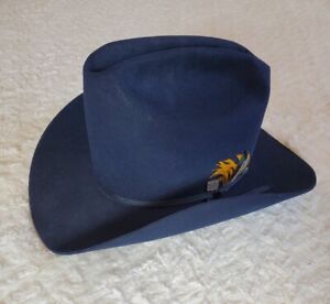 Resistol Western Cowboy Hat 3X Beaver Fur Felt Feather Navy Blue  7 1/8 Vintage