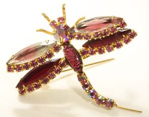 Vintage Juliana-style Pink Crystal Rhinestone Dragonfly Trembler Brooch Pin