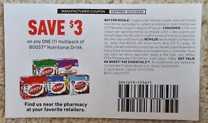(12) Boost Manufacturer's $3 Coupons Good on One Multipack Drink Exp 12/31/2024