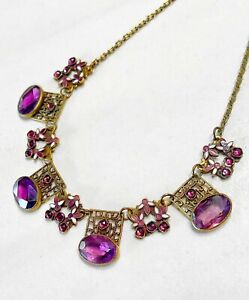 Vintage Neiger Art Deco Purple Czech Glass Enamel Rhinestone Filigree Necklace