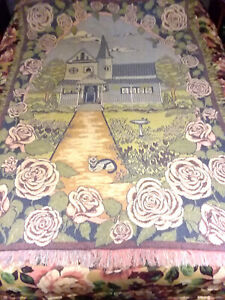 Vintage MWW 1993 Fringed Tapestry Throw Blanket-House/Roses  66” x 44”