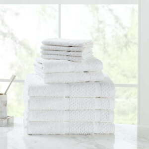 10 Piece Bath Towel Set with Upgraded Softness & Durability, 100% Cotton, White