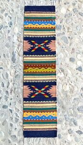 Dark Blue Wool Geometric Runner, 10x39 Inches Hand Woven Zapotec Tapestry Rug