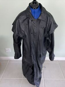 Vintage Leather Black Duster Long Leather Jacket Trench Coat Mens Large
