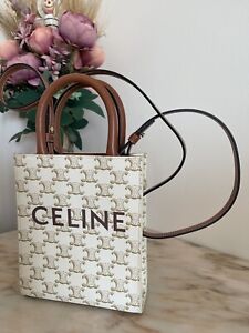 Celine Vertical Cabas Tote Triomphe Coated Canvas Small White