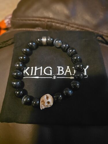 King Baby Jewlery 10mm Blue Tiger Eye Bracelet With Bone Skull 8.75in
