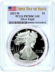 2022 W $1 Proof Silver Eagle PCGS PR70 DCAM First Day of Issue Flag Label