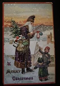 Long Purple Robe Santa Claus with Children~Toys~Antique Christmas Postcard~h602