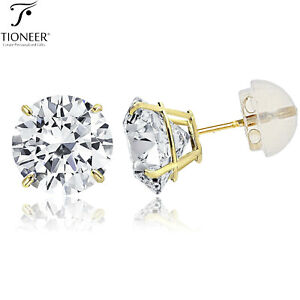 14K Gold Princess Solitaire Cut Cubic Zirconia Silicon Push Back Stud Earrings