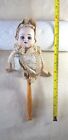 Antique Bisque Head Doll Musical Marotte Jester Twirling Wood Handle Silk Pompom