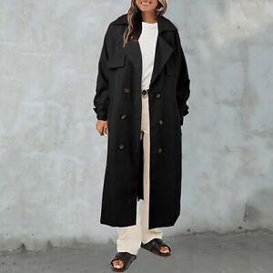 Women's Oversized Long Trench Coat Double Breasted Lapel With Belt Windproof