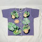 Storybook Knits Sz 1X Purple Short Sleeve Cardigan Frog Toad Lily Pad Dragonfly