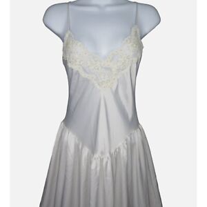 Vintage Sweeping Full Length Slip Nightgown S White Beads Lace Bridal Honeymoon