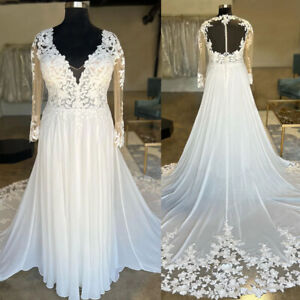 Plus Size V Neck Lace Boho Chiffon Wedding Dresses  Long Sleeves Bridal Gowns