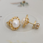 Natural 8.5mm Pearl+Sapphire Halo Stud Earrings 14k Yellow Gold Over 925 Silver