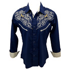 Men RODEO WESTERN NAVY BLUE GOLD HORSE TRIBAL STITCH SNAP UP Shirt Cowboy 1155
