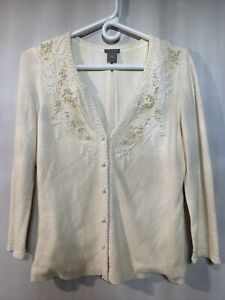 Ann Taylor Off White Cardigan Beads Pearls Wool Cashmere Silk Lining Sz Small