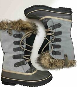 Sorel Joan of Arc Winter Waterproof Boot sz 7 US Grey Leather Faux Fur trim