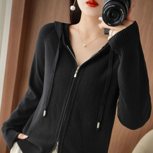 2023  100% Cashmere Sweater Women's Hooded Cardigan Casual Coat