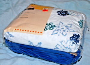 (NEW) 4 Piece AT HOME Coordinated Flannel Sheets Set FULL SIZE BLUE GREY WHITE