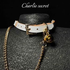 gold bell collar pure white leather choker with metal chain role play
