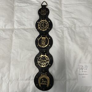 Vintage Leather 24” Horse Strap With 5 Brass Medallions, Brass Handle And Studs.