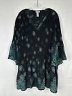 Catherines Crinkle Tunic Top Womens Plus Size 3X Black Floral Bell Sleeve BOHO