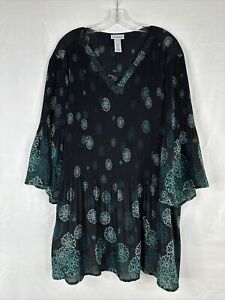 Catherines Crinkle Tunic Top Womens Plus Size 3X Black Floral Bell Sleeve BOHO