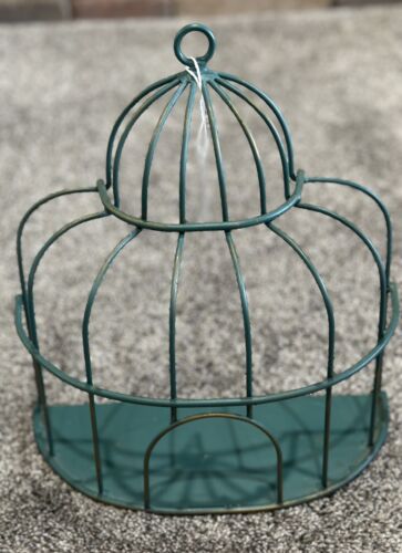 Vintage BIRD CAGE Wall Decor Or Sitting Shelf Metal 11 x 10 Green Turquoise Look
