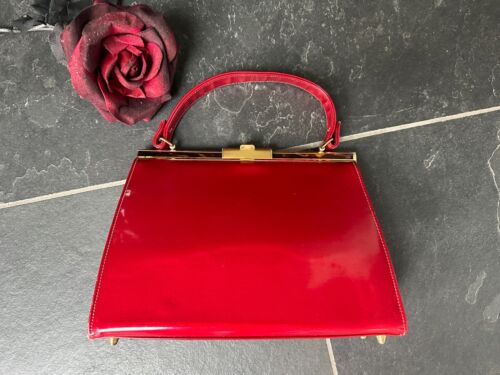 Vintage 1960s Red Patent Leather Top Handle Handbag Gold Tortoise Shell Hardware