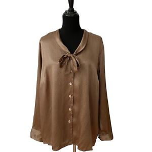 Caslon 100% Silk Blouse Womens 2X Long Sleeve Button-Up Pussy Cat Bow Tie Gold