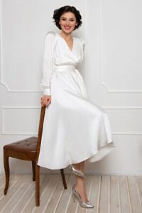 Stunning White Silk Dress: V-Neck A-Line Midi Wrap Dress with Lantern Sleeves