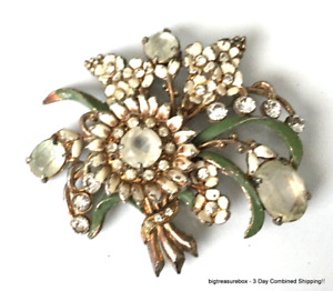 WOW BIG Vtg ANTIQUE Brooch Pin Rhinestone Silver tone Flower Jewelry lot y