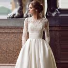 Vintage Long Sleeve Wedding Dresses Boat Neck Appliques Lace Satin Bridal Gown