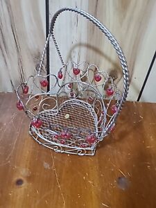 ✅Vintage Heart Shape Twisted Wire Basket with Red Plastic Hearts and Beads