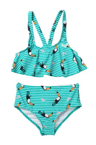 Roxy Toddler Girls 3T Birds Flutter Set 2 Pc Bikini Swimsuit Green Blue Toucan