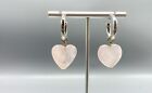 Sterling Silver Hoop Earrings w/Dangling Rose Quartz Heart
