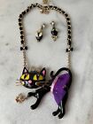 Betsey Johnson Enamel Large Black Cat Tutu Necklace and earrings
