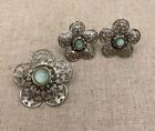 Vintage flower lacy wire work filigree daisy clip Earrings matching pin brooch