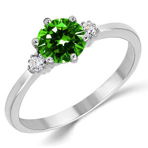 14K Solid White Gold Lab Created Emerald Three Stone Engagement Ring