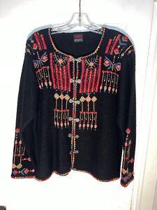 VRIKKE Embroidered Wool Cardigan Sweater Norwegian Irene Haugland Size L
