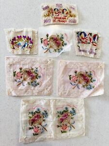 Lot Of 7 Antique 1919 Souvenir de France  Embroidery and Lace Appliqué Patches