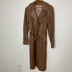 Vintage Brown Leather Long Trench Coat Button Up Tie Waist Womans S USA