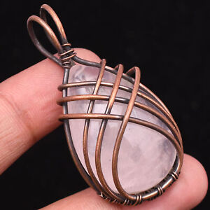 Rose Quartz Gemstone Copper Wire Wrapped Handmade Jewelry Pendant 1.89