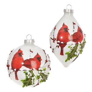 Raz Imports Red Cardinal Bird Christmas Glass Iced Ornaments Set of 2