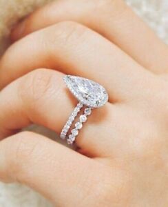 2.85Ct Pear Cut Moissanite Halo Wedding Bridal Ring Set 14k White Gold Plated