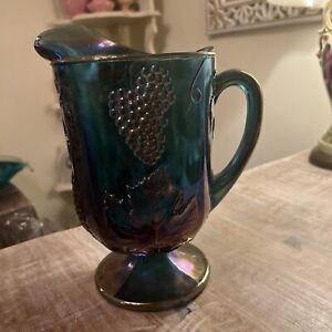 Indiana Carnival Glass Pitcher Blue Harvest Grape Vine Iridescent Vintage