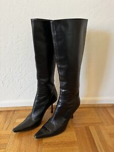 Jimmy Choo Black Leather Tall Knee High Stiletto Boots Women’s Size 38 Italy